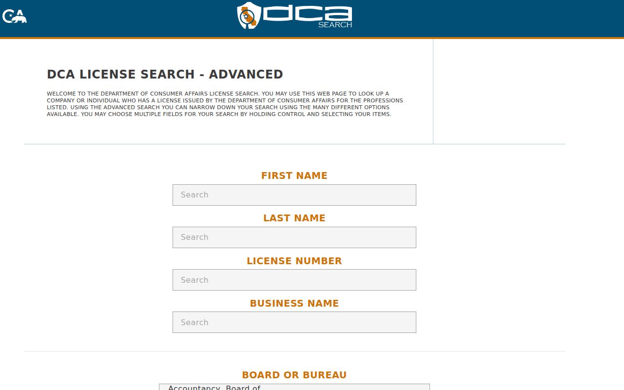 Carson people directories California DCA license search