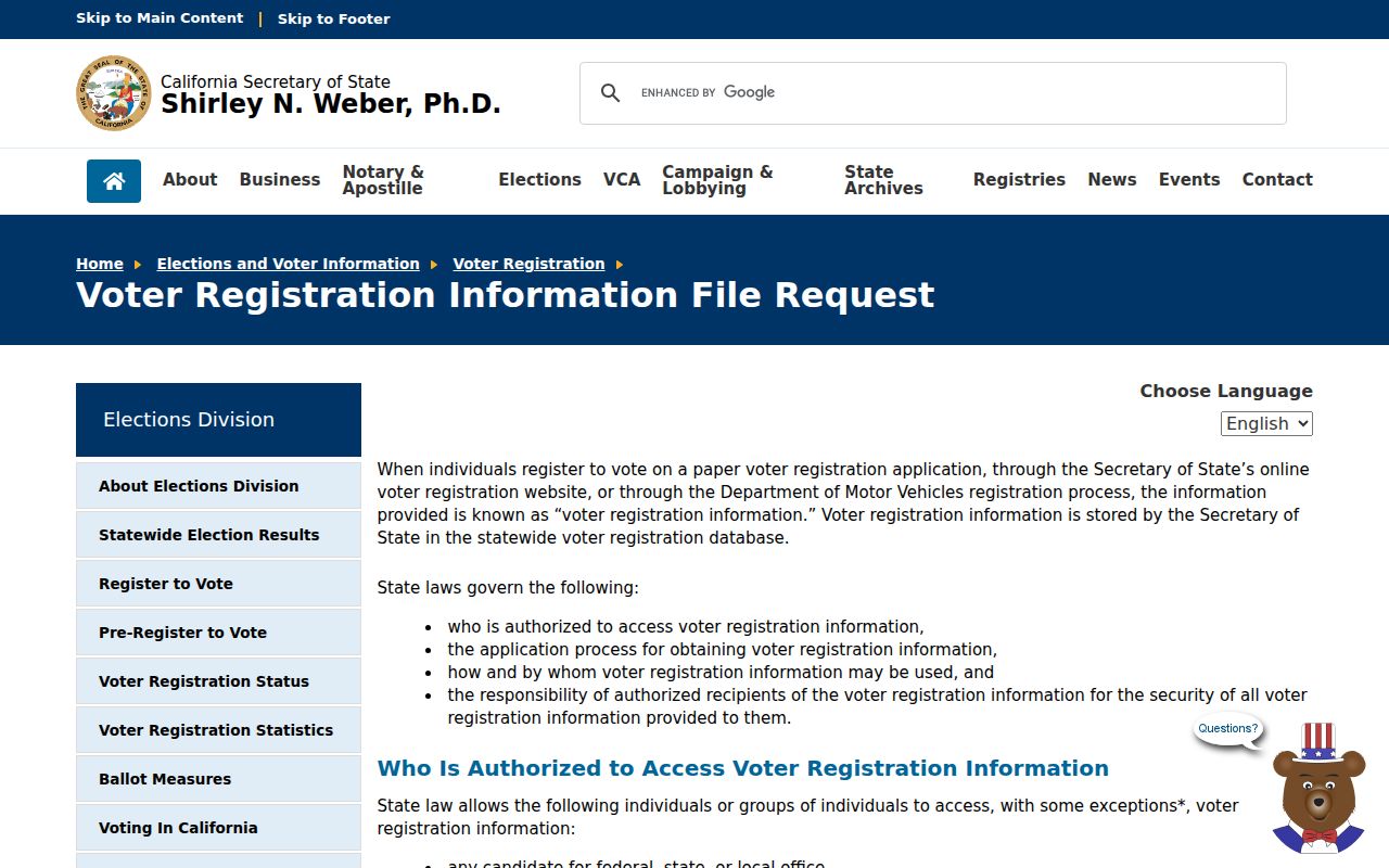 Carson voter registration records California SOS file request